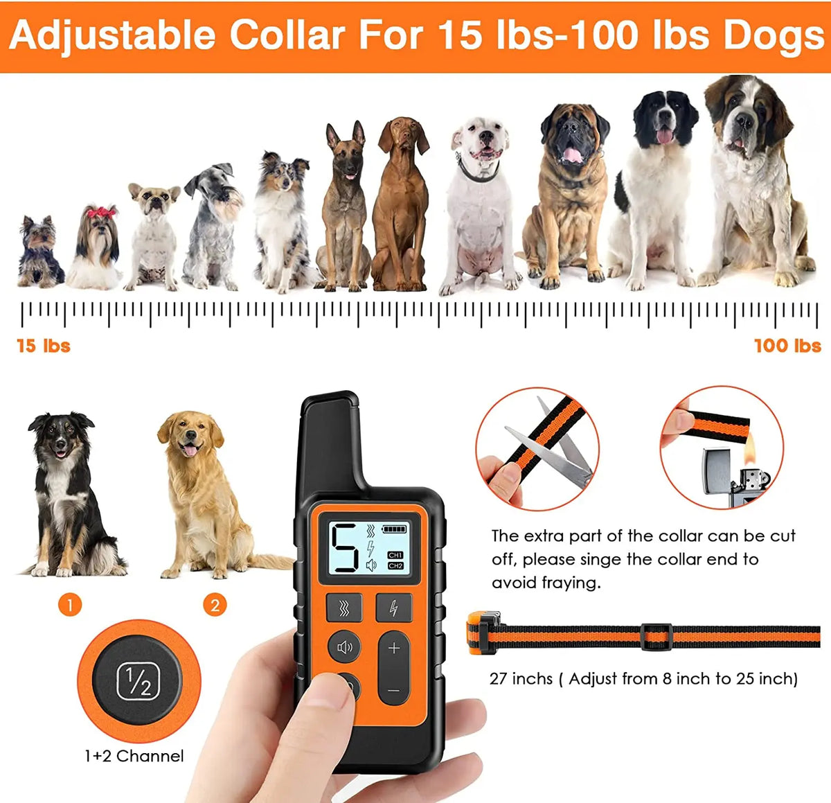 Collier réglable pour chiens, avec différentes races et un dispositif d'entraînement portable