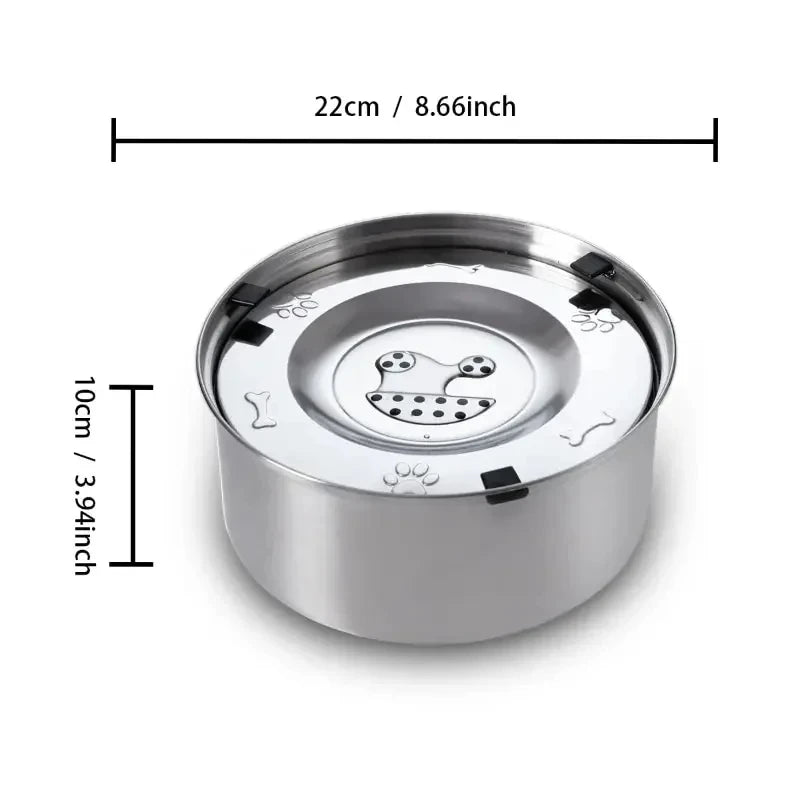 Stainless steel dog water bowl with a floating splash guard and measurement lines.