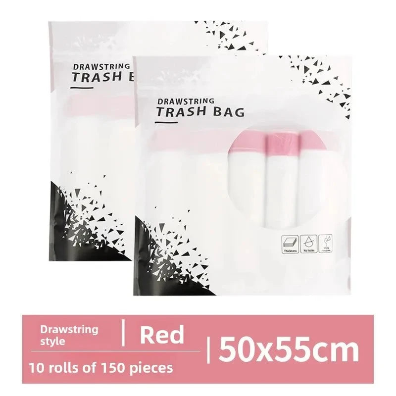 Pack of 10 rolls of red drawstring trash bags with handles, measuring 50x55cm.