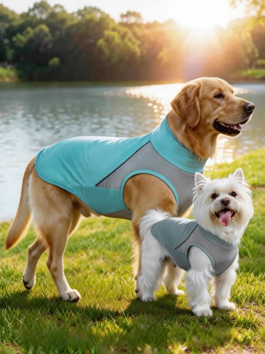 A golden retriever and a white dog wearing light blue cooling vests outdoors near water at sunset.