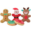 A collection of holiday plush toys featuring a Santa, an elk, a gingerbread man, and a donut design.
