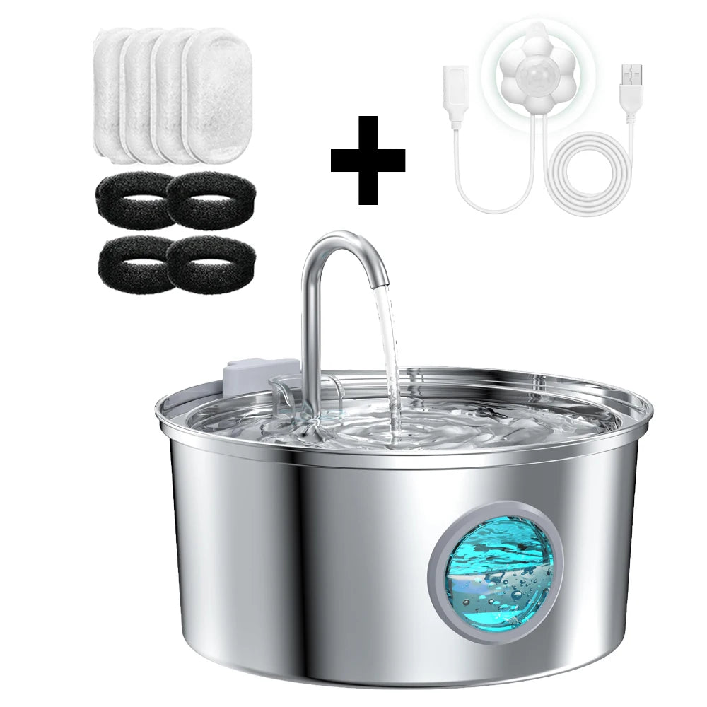 Stainless steel pet water fountain with a visible pump and water flow.