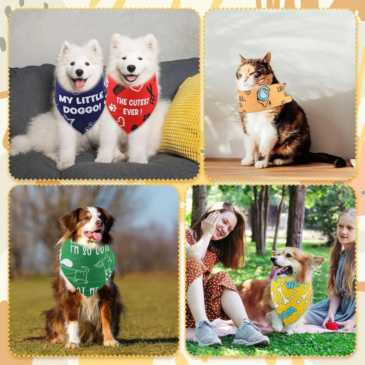 A collage showing dogs and cats wearing colorful bandana accessories for pets