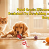 A golden retriever and a tabby cat are interacting with a silicone toy ball on a wooden floor.