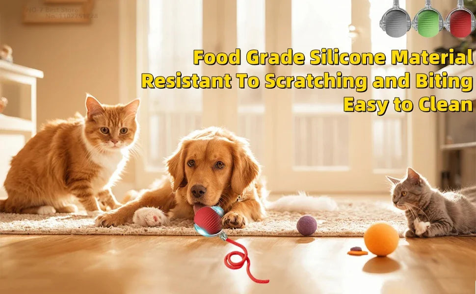 A golden retriever and a tabby cat are interacting with a silicone toy ball on a wooden floor.
