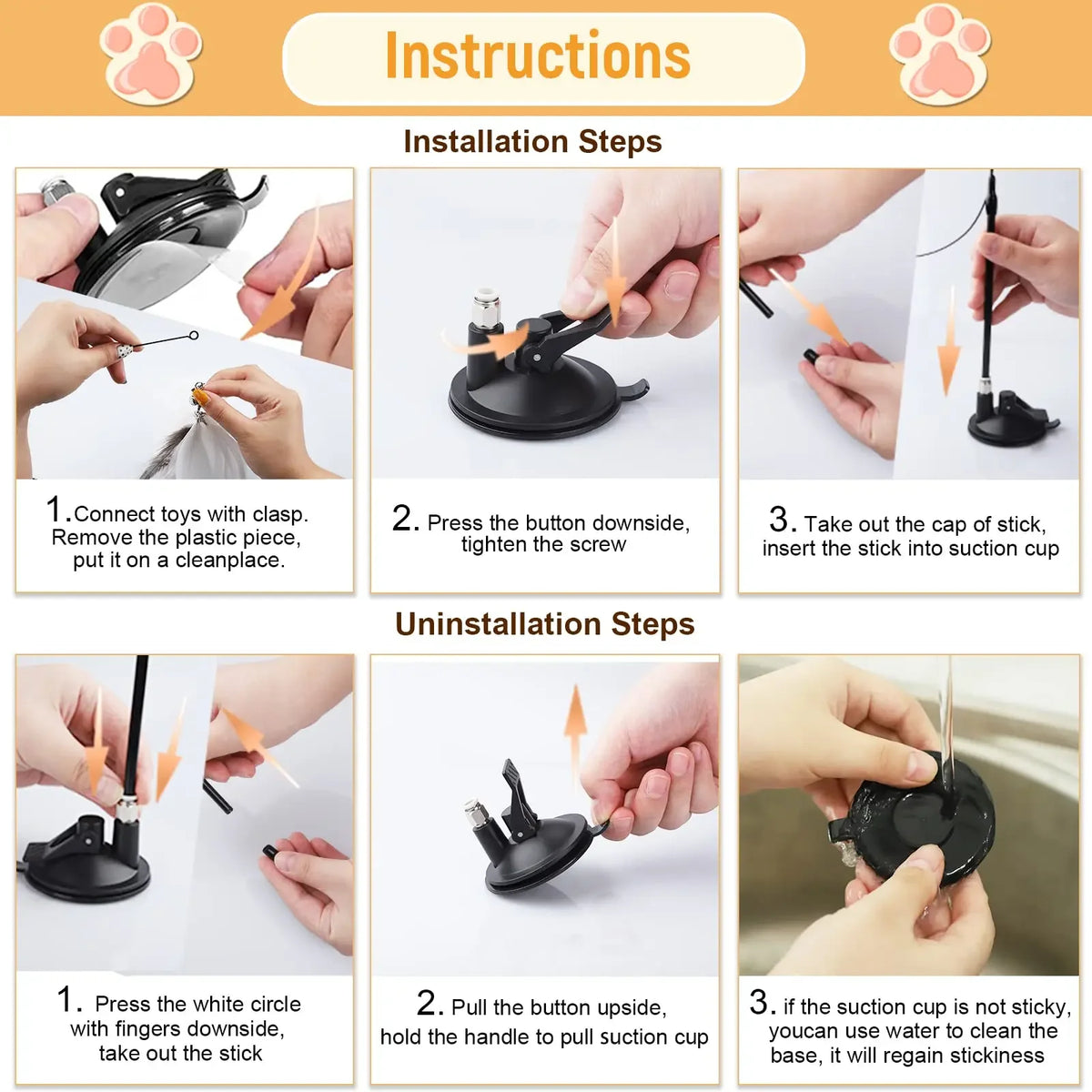 Instructions for installing and uninstalling an interactive cat feather wand toy with a suction cup.