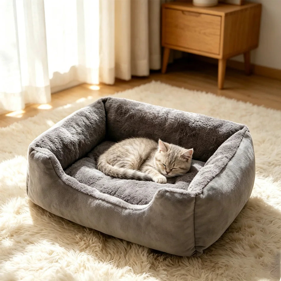 A gray plush pet bed with a soft, fluffy lining resting on a cream rug near a window.