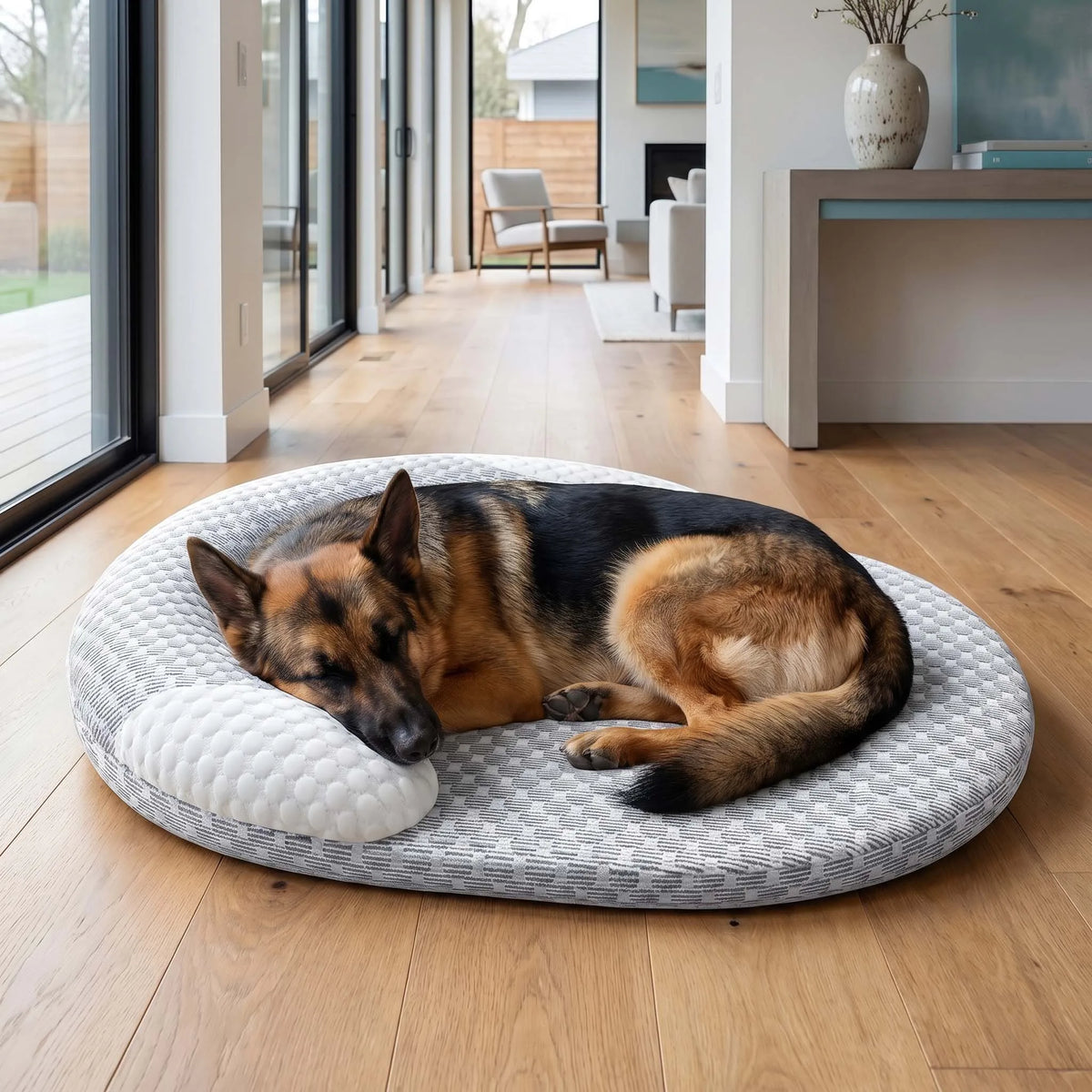 A dog is lying on a round, gray cooling ice silk pet mat indoors on a wooden floor.