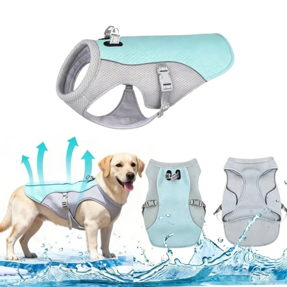 A light blue and gray summer dog cooling vest is shown being splashed by water.