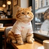 Un chat tigré orange portant un pull tricoté blanc avec des nœuds roses, assis sur une table en bois.