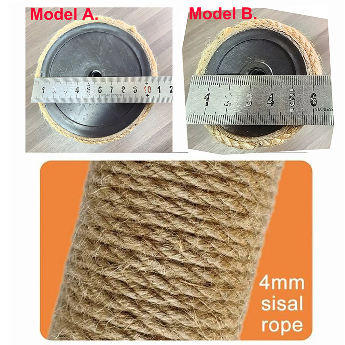 Two models of sisal rope replacement scratching posts for cat trees shown alongside a close-up of the 4mm sisal rope.
