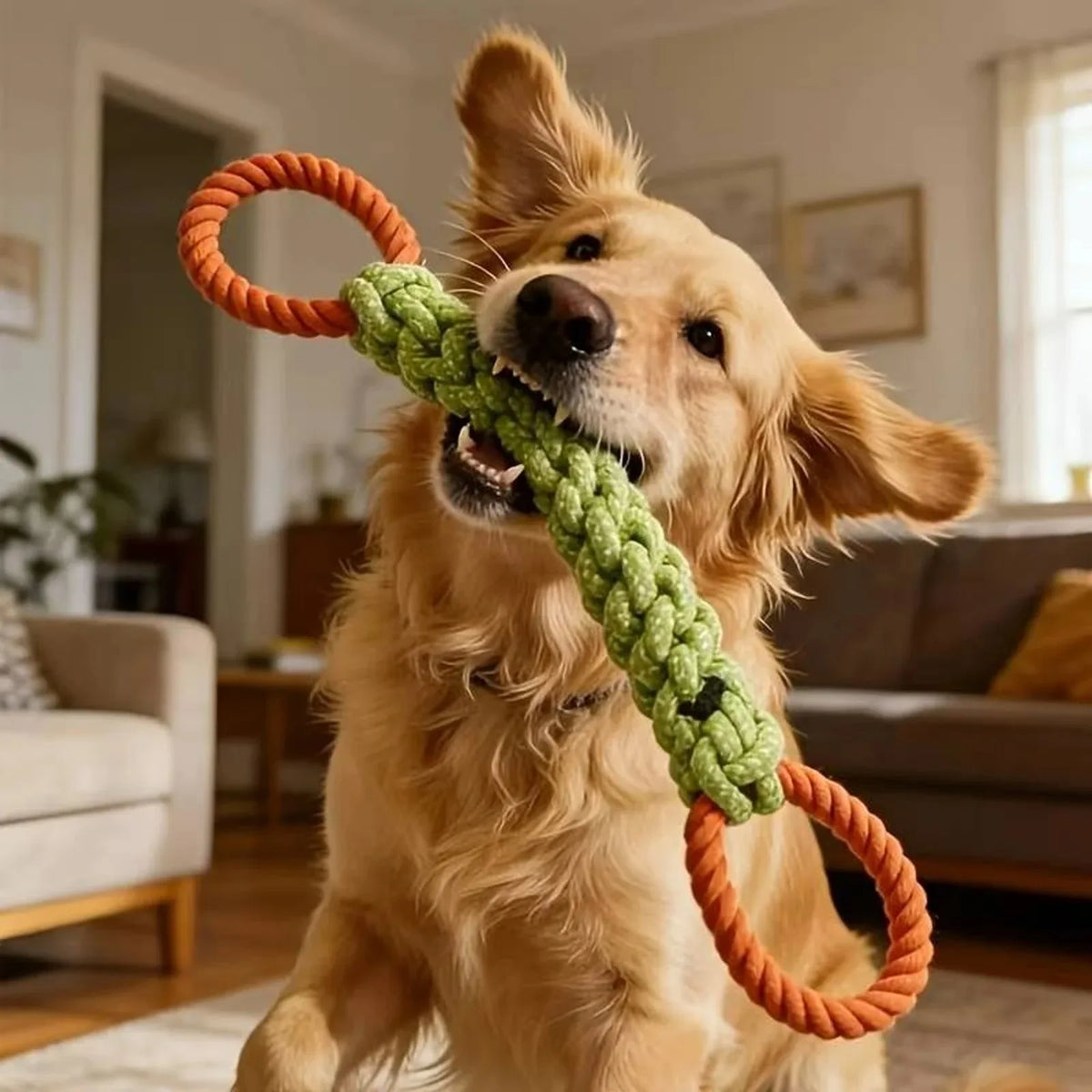 Ein Golden Retriever hält ein orange-grünes Spielzeug aus Seil im Maul.
