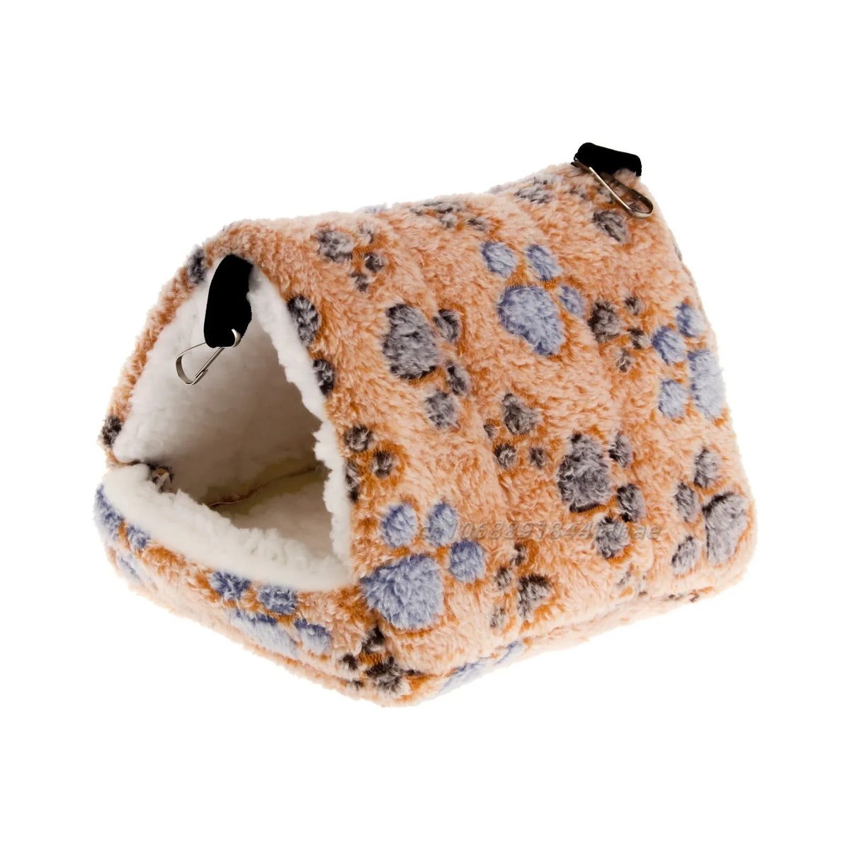 A cozy fleece pet nest bed with a mottled brown and gray pattern, featuring an open entrance.