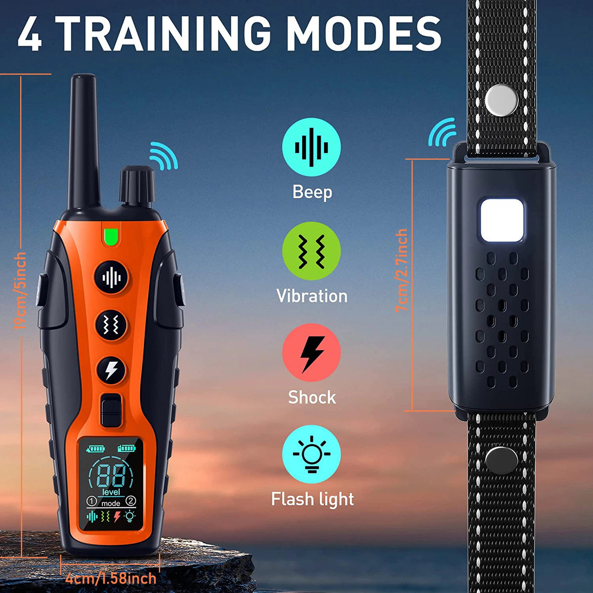 An orange remote dog training collar is shown next to a black strap, illustrating four training modes: beep, vibration, shock