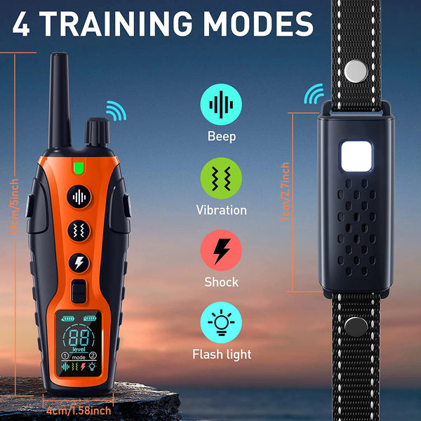 An orange remote dog training collar is shown next to a black strap, illustrating four training modes: beep, vibration, shock