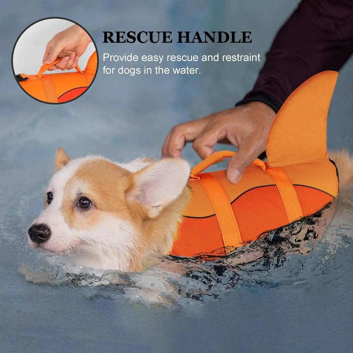 A person is using a rescue handle on an orange dog life jacket for a dog in the water.