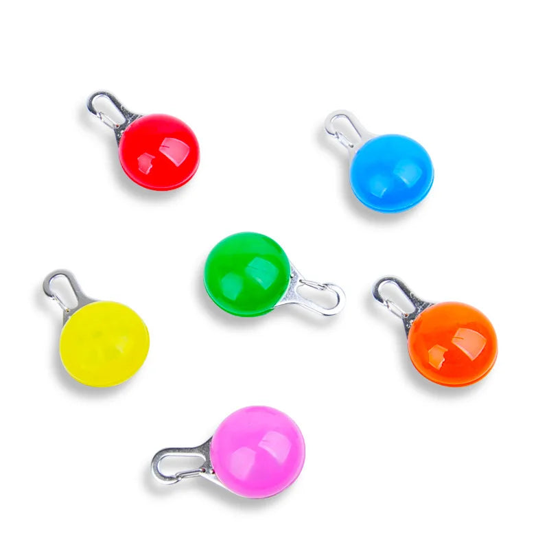 Five colorful LED dog collar lights in different colors including red, blue, yellow, orange, and pink.