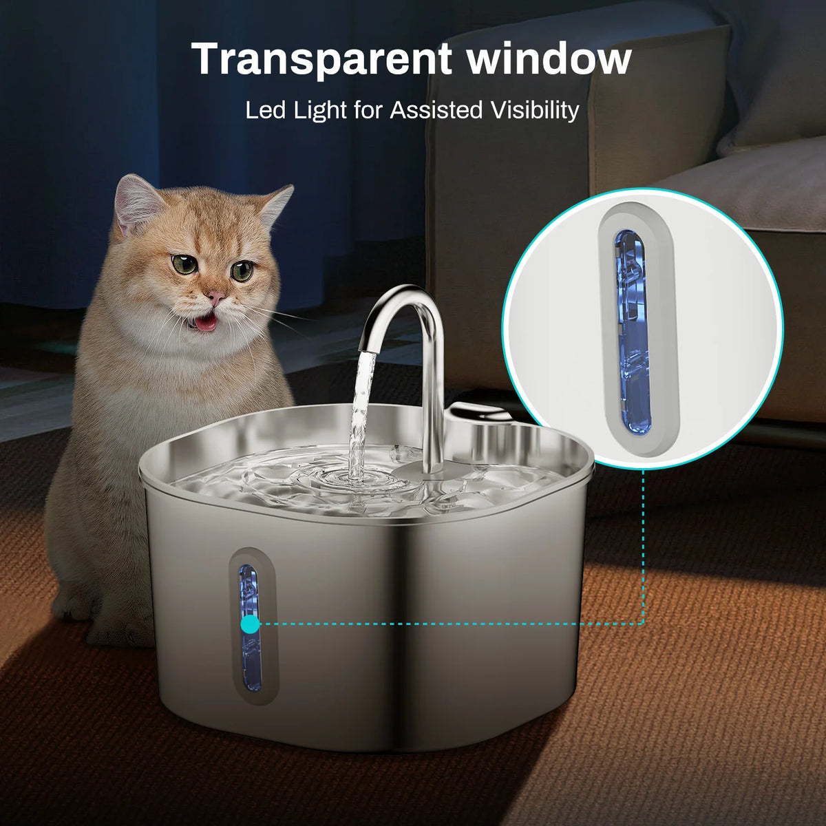 Edelstahl-Haustier-Wasserbrunnen mit transparentem Fenster und LED-Licht für bessere Sichtbarkeit