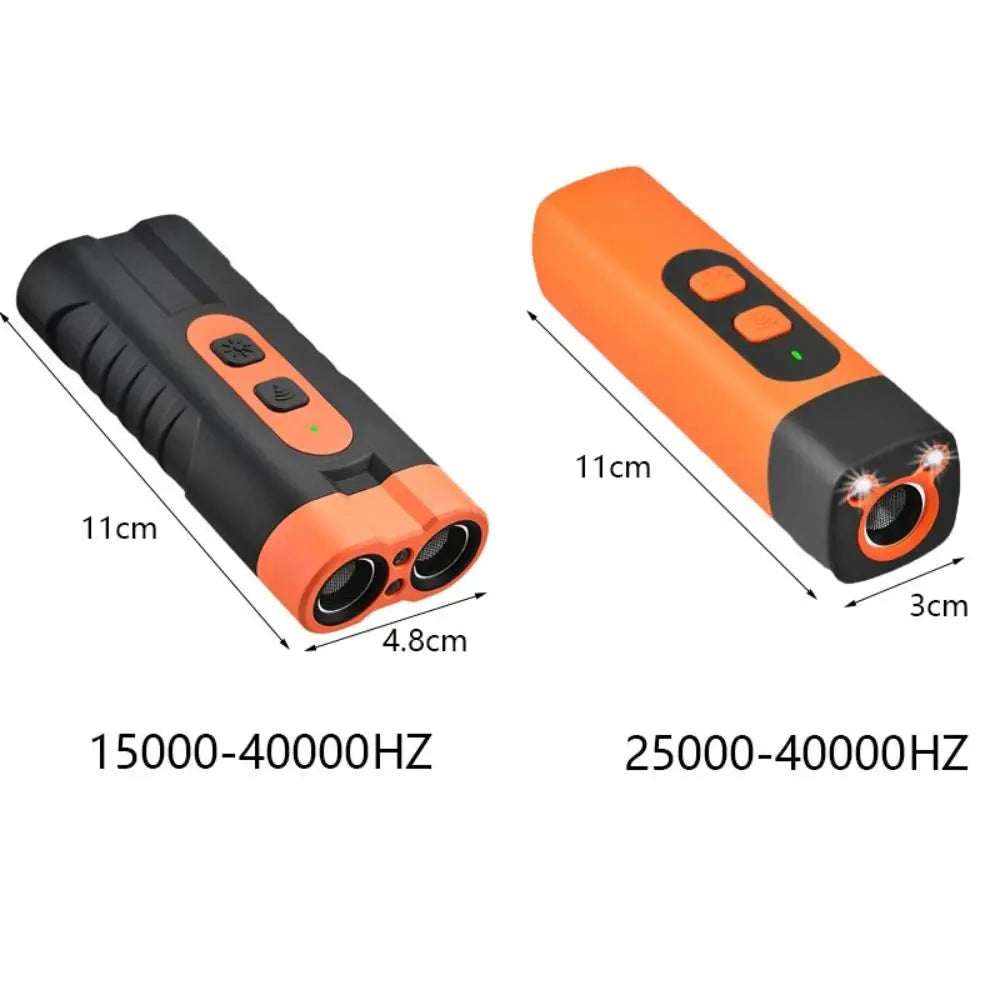 Orange and black ultrasonic dog repeller device shown in two views with dimensions.
