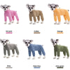 A collection of thermal fleece dog jumpsuits in various colors including hot pink, coffee, orange, grey, haze blue, and olive