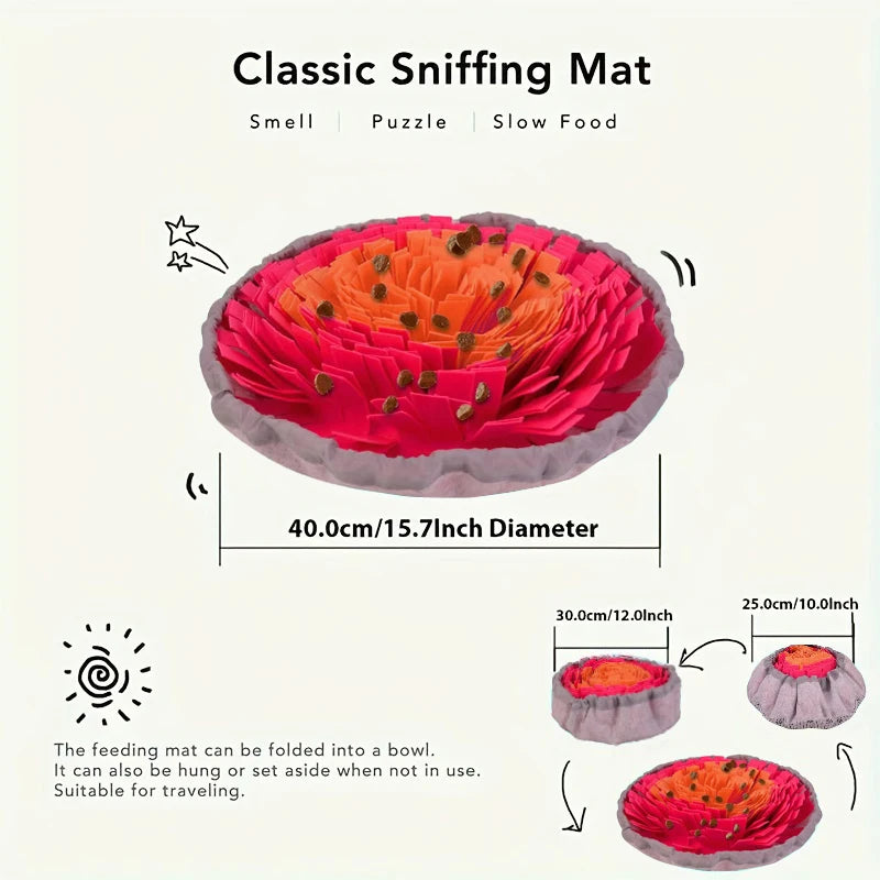 A pink and orange classic sniffing mat with a puzzle design, shown in various forms including a flat mat, a bowl, and a hangi