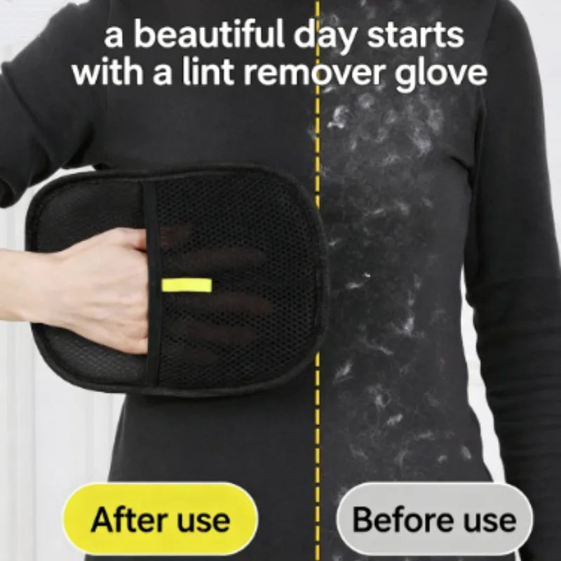 A hand is holding a black lint remover glove, demonstrating its use for pet hair removal.