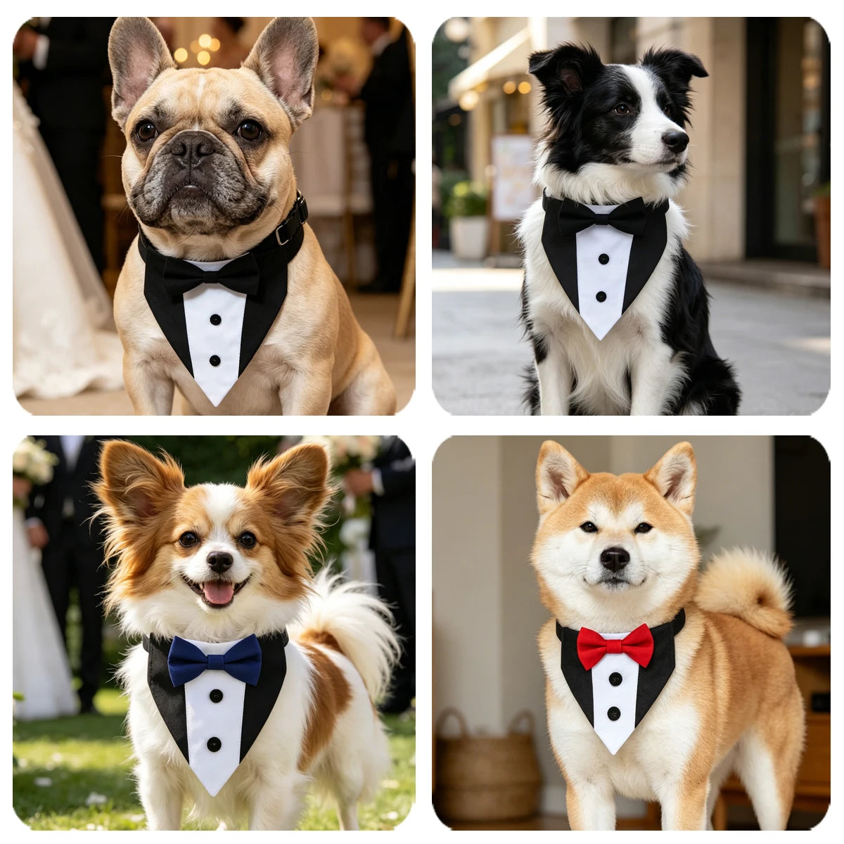Three dogs wearing elegant black and white bow tie collars for a pet wedding.