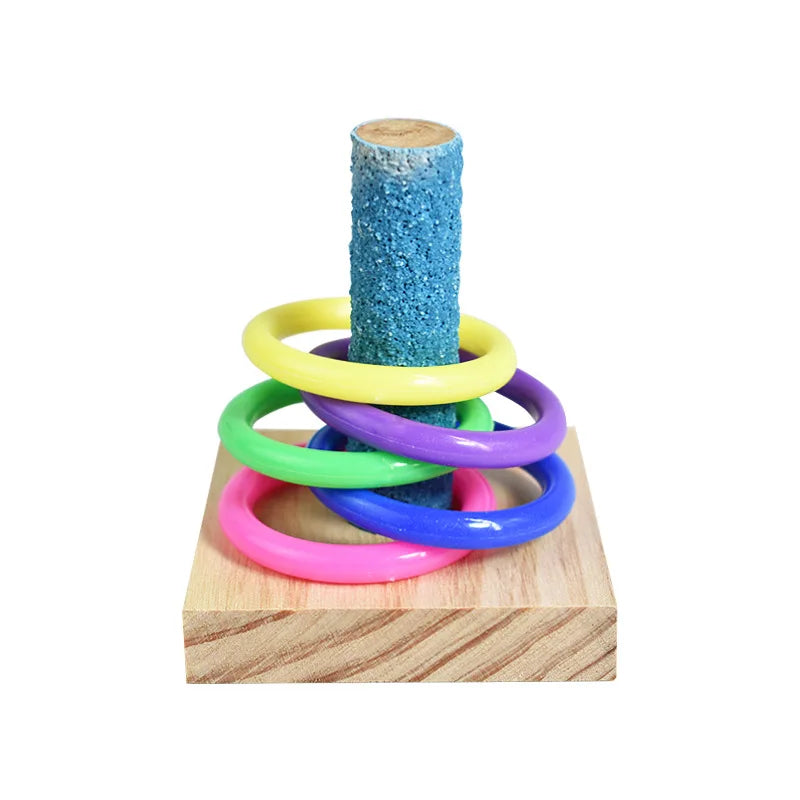 A wooden bird puzzle toy featuring a stack of colorful rings in various colors.