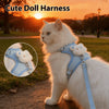 Un gato blanco esponjoso vistiendo un arnés y correa azul claro para perro, de pie al aire libre al atardecer.