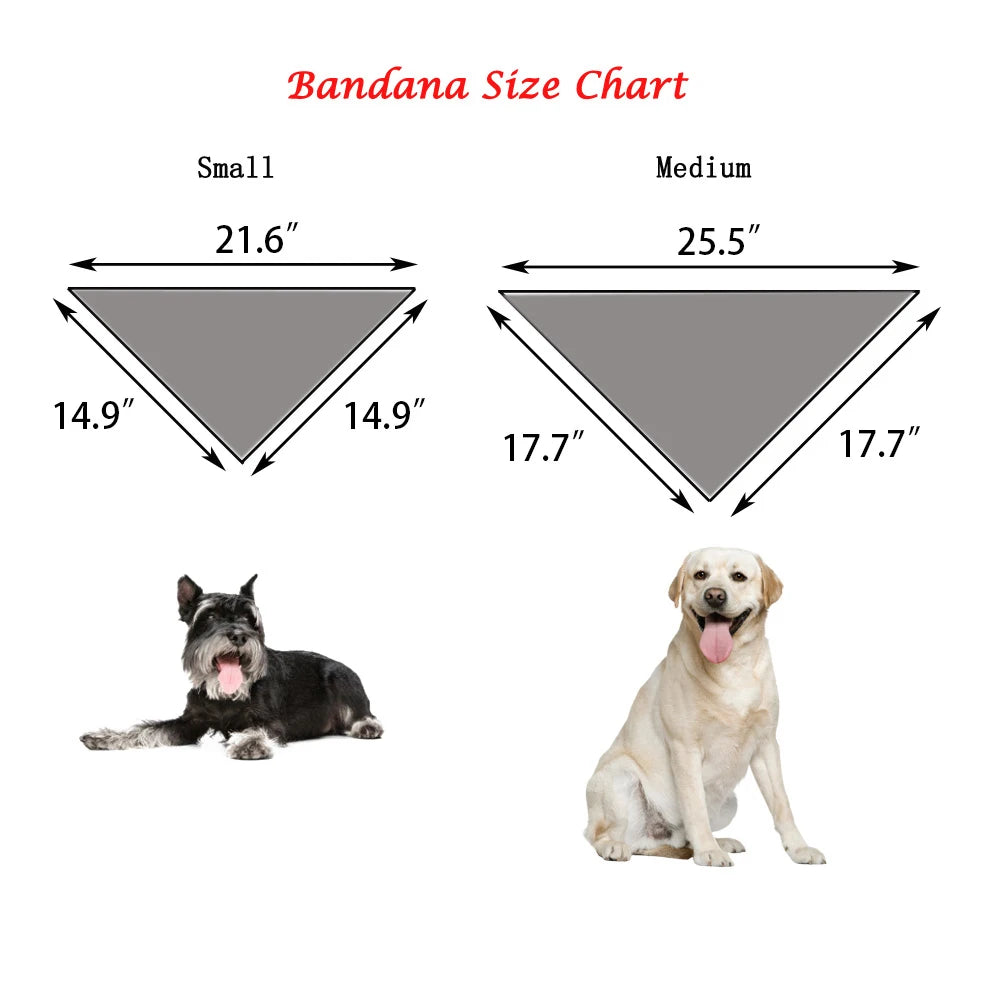A bandana size chart showing small and medium sizes with corresponding measurements for dogs and cats.