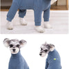 A blue thermal fleece dog jumpsuit for winter warmth shown in standing and sitting poses.