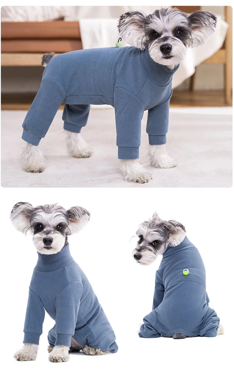 A blue thermal fleece dog jumpsuit for winter warmth shown in standing and sitting poses.
