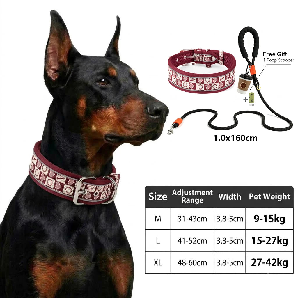 A black dog wearing an adjustable tactical harness with reflective trim, shown next to the harness and a leash.
