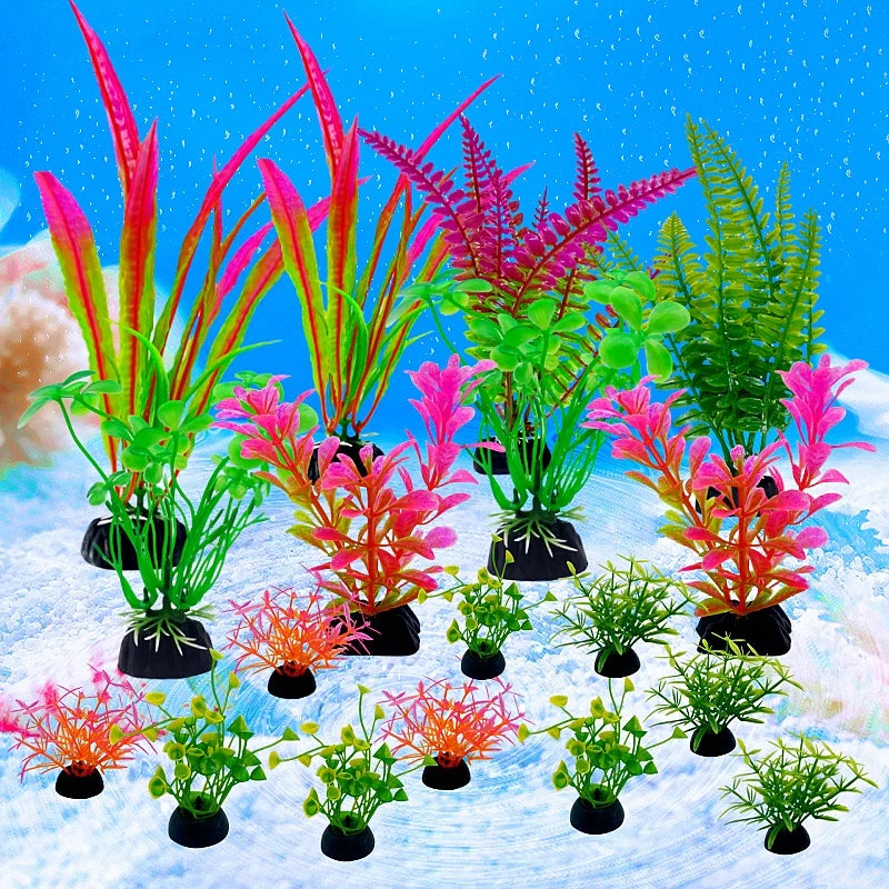 A vibrant set of 18 artificial aquarium plants in various shades of pink, red, and green displayed against a blue background.