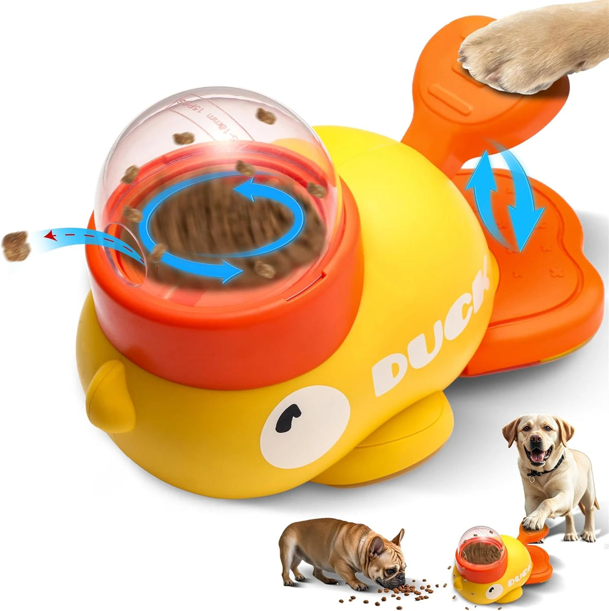 Oranger und gelber interaktiver Entenlecker-Dispenser für Haustiere, der einen Hund zeigt, wie er Leckerlis isst.