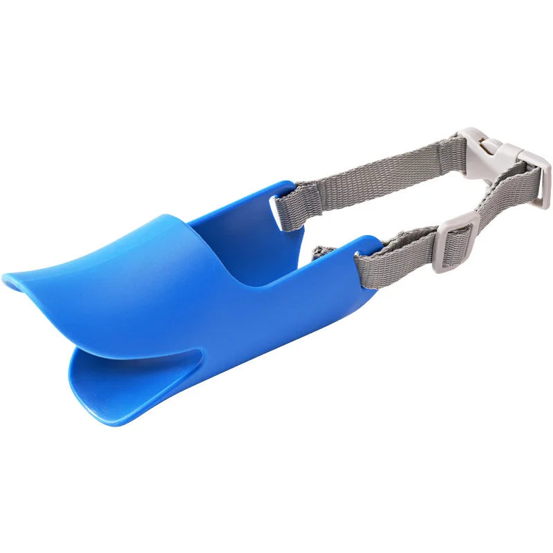 Blue silicone duck-shaped dog muzzle with a gray adjustable strap