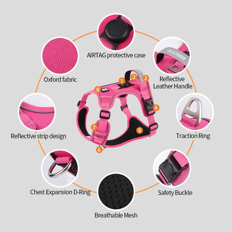 Diagram showing features of a pink reflective dog harness including protective case, leather handle, traction ring, and breat