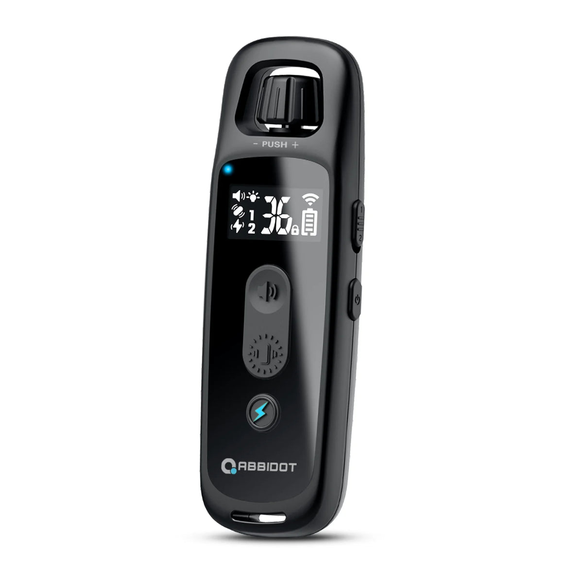 A black electronic dog training collar with a display and push button.