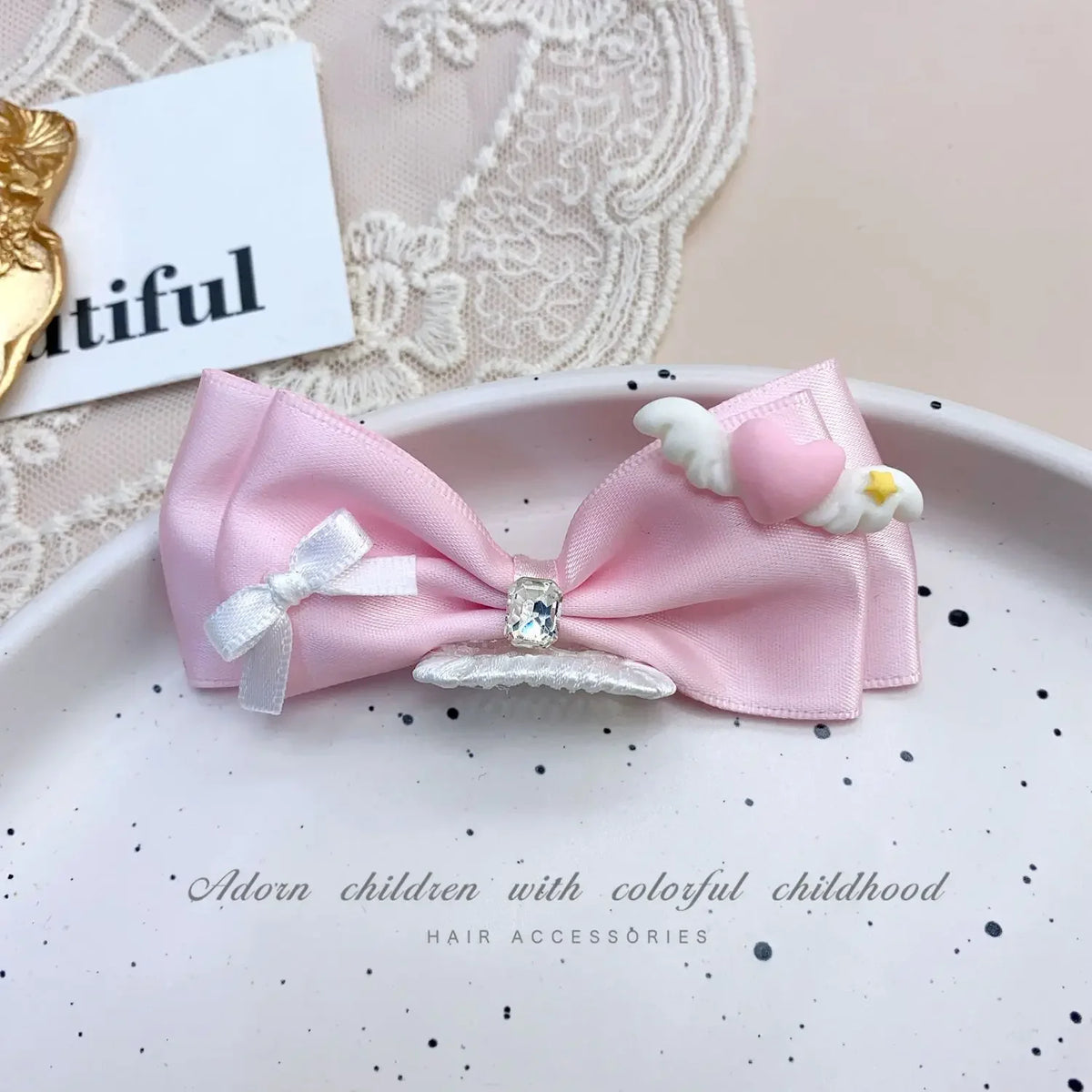 Pink Bow Pet Hair Clip with Rhinestone & Pearl Accents