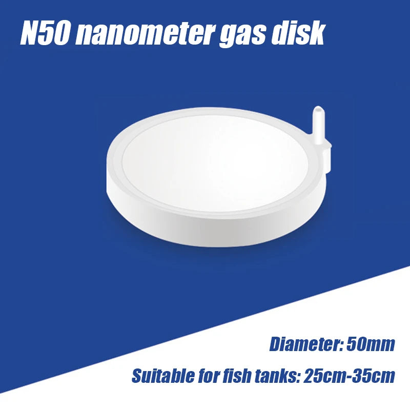 A white N50 nanometer gas disk with a 50mm diameter, suitable for fish tanks ranging from 25cm to 35cm.