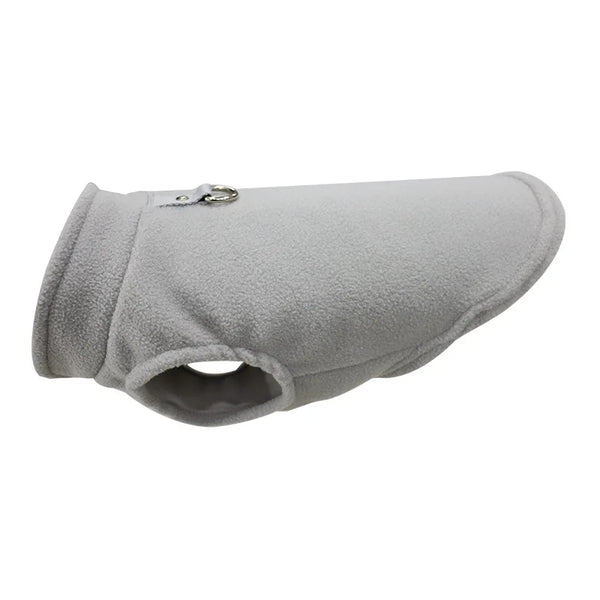 A light gray quilted fleece vest designed for small dogs and cats.