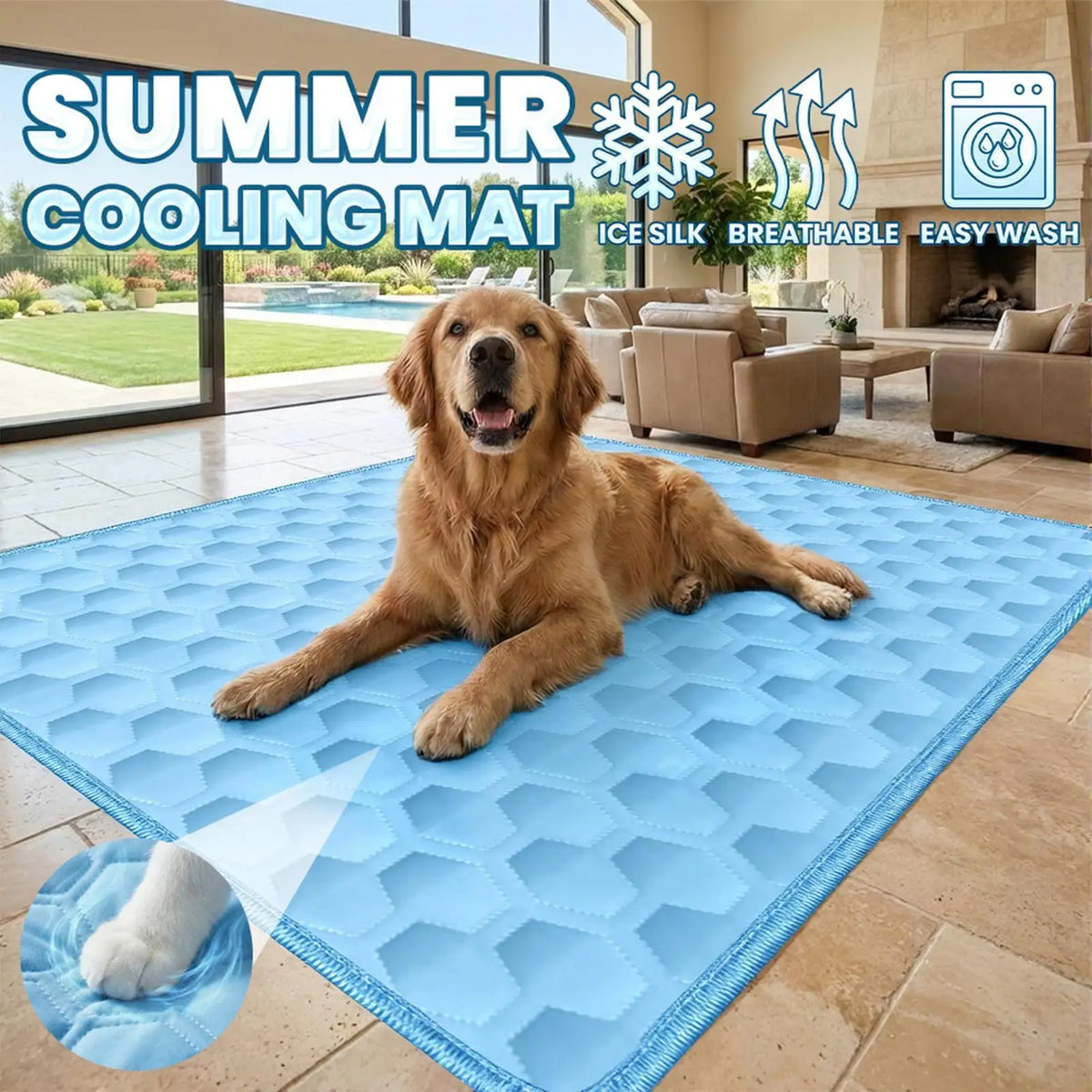 A blue cooling mat for dogs is placed on a tile floor in a modern living room setting.