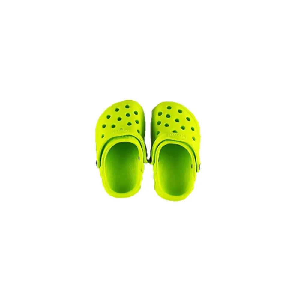 A pair of bright lime green non-slip pet sandals for dogs.