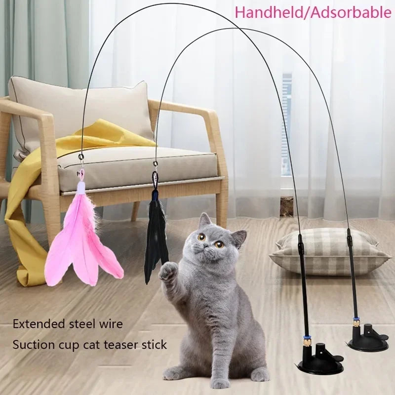 Suction Cup Cat Teaser Wand with Feather Toy and Bell