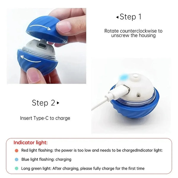 Instructions for charging an automatic moving dog ball toy showing how to rotate the housing and insert a Type-C cable