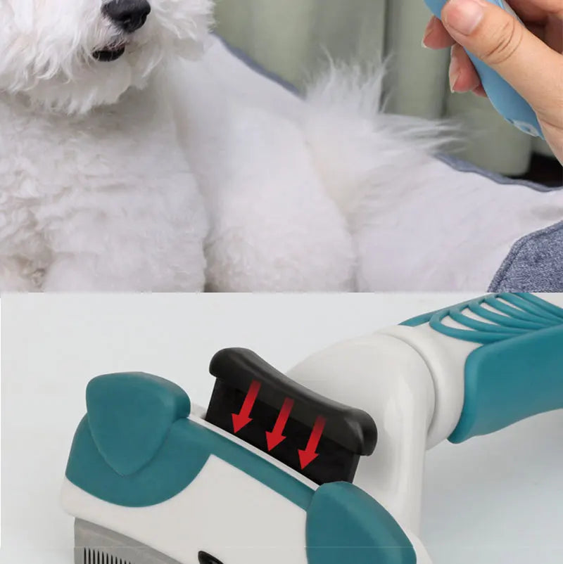 A close-up of a white dog's fur being groomed with a handheld pet thinning comb for detangling and hair removal.