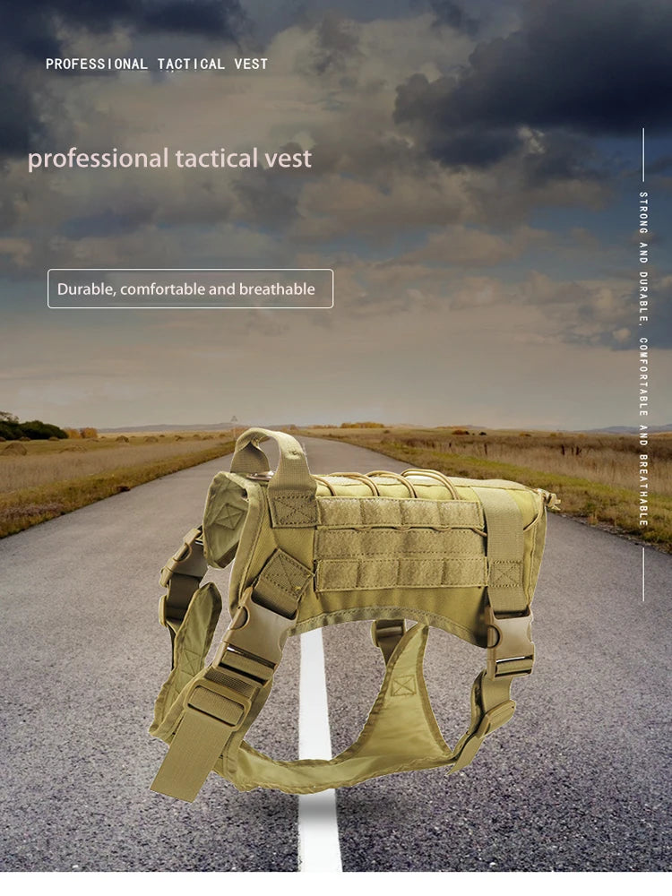 A tan professional tactical vest is displayed on an asphalt road, emphasizing its durability and comfort.