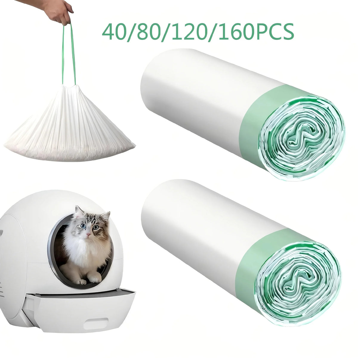 Rolls of heavy-duty cat litter box liners with drawstring visible alongside a white litter box.