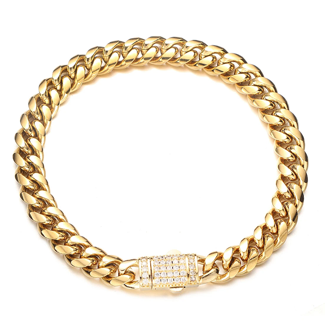 A gold-colored stainless steel curb chain bracelet is shown against a white background.