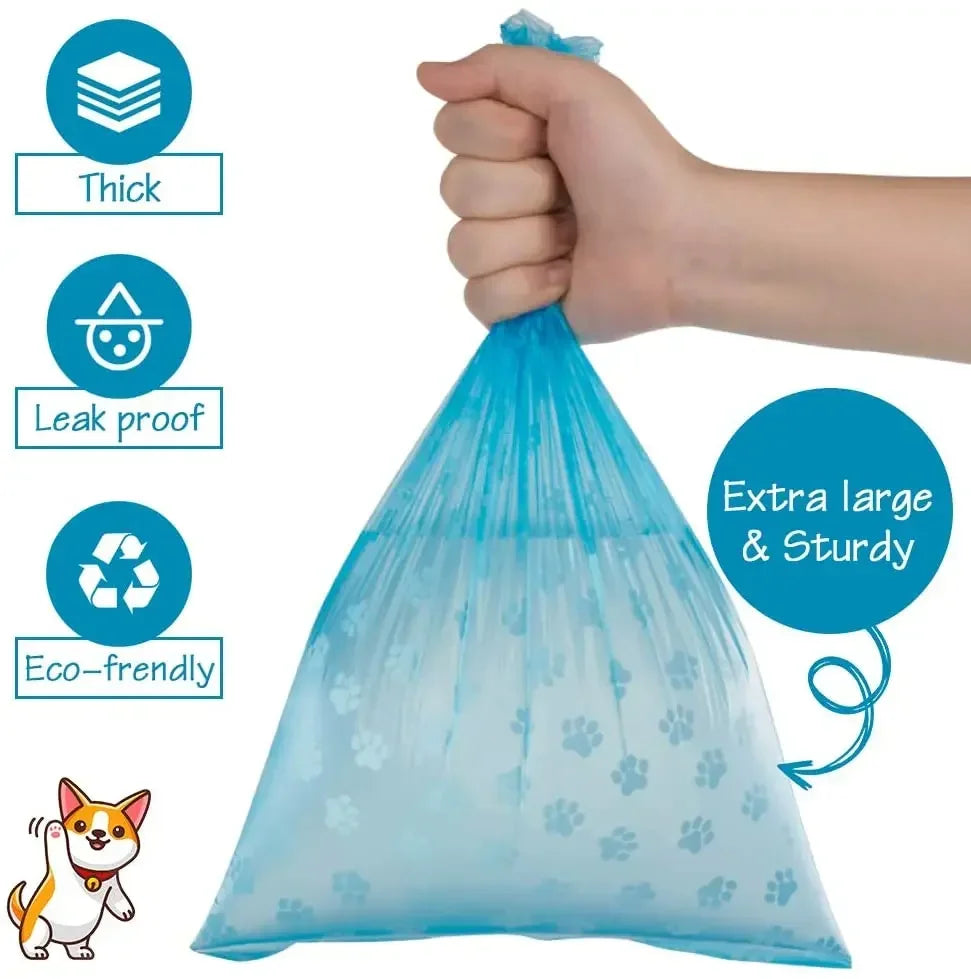 A hand is holding a blue reusable pet poop bag, demonstrating its thick and leak-proof features.